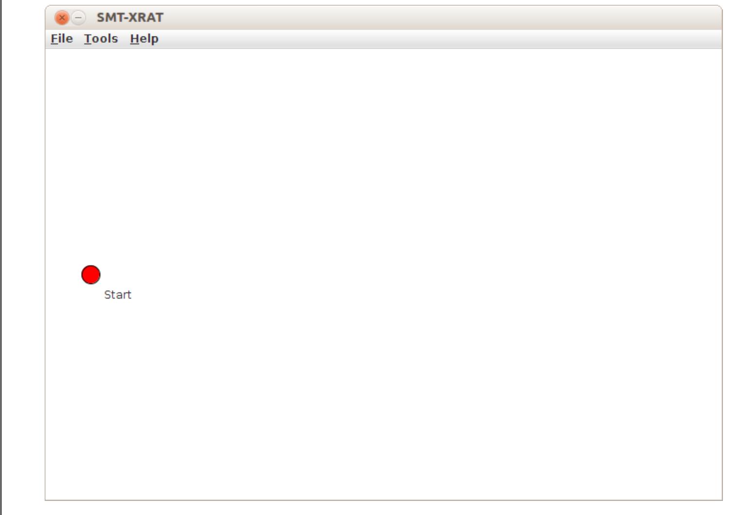 Figure 7.1: The main window of the SMT-XRAT application in its initial state  The main window structure of the SMT-XRAT application can be seen in Figure 7.1. It principally consists only of one large pane, which is called strategy graph pane. This pane embodies the workspace of the user and visualizes the composition of SMT-RAT modules, which are currently modeled. Only a comparatively small area is occupied by a compact menu bar, which offers for instance the exportation of a strategy graph into SMT-RAT. 