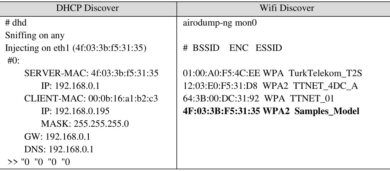 Table 5. Coarse code and output of DHCP and wifi discovery.  4.2. Cyber-attacks on Scenario 1 