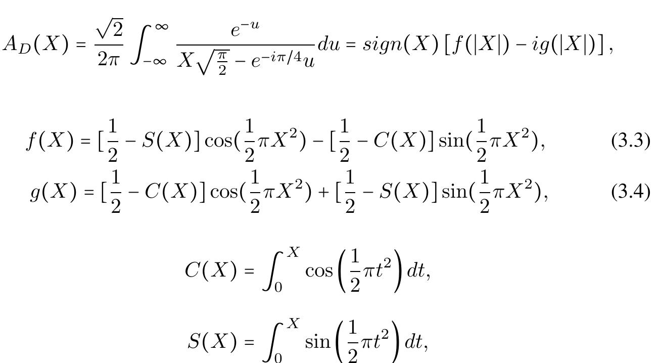 Although the Fresnel integrals can be solved rather easily nowadays, further sim- plification is still useful. If X >> 0, the Fresnel Integral can be simplified as  C(X) *® 0.5+ —4 sin (4 X*) and $(X) » 0.5-—4 cos (4 X?), However, in real  urban cases, x > 0 appears frequently, implying that S(X) * 0.5- cos (z ao 2)  definition of the angles is shown in figure (3.1). Other parameters are: 