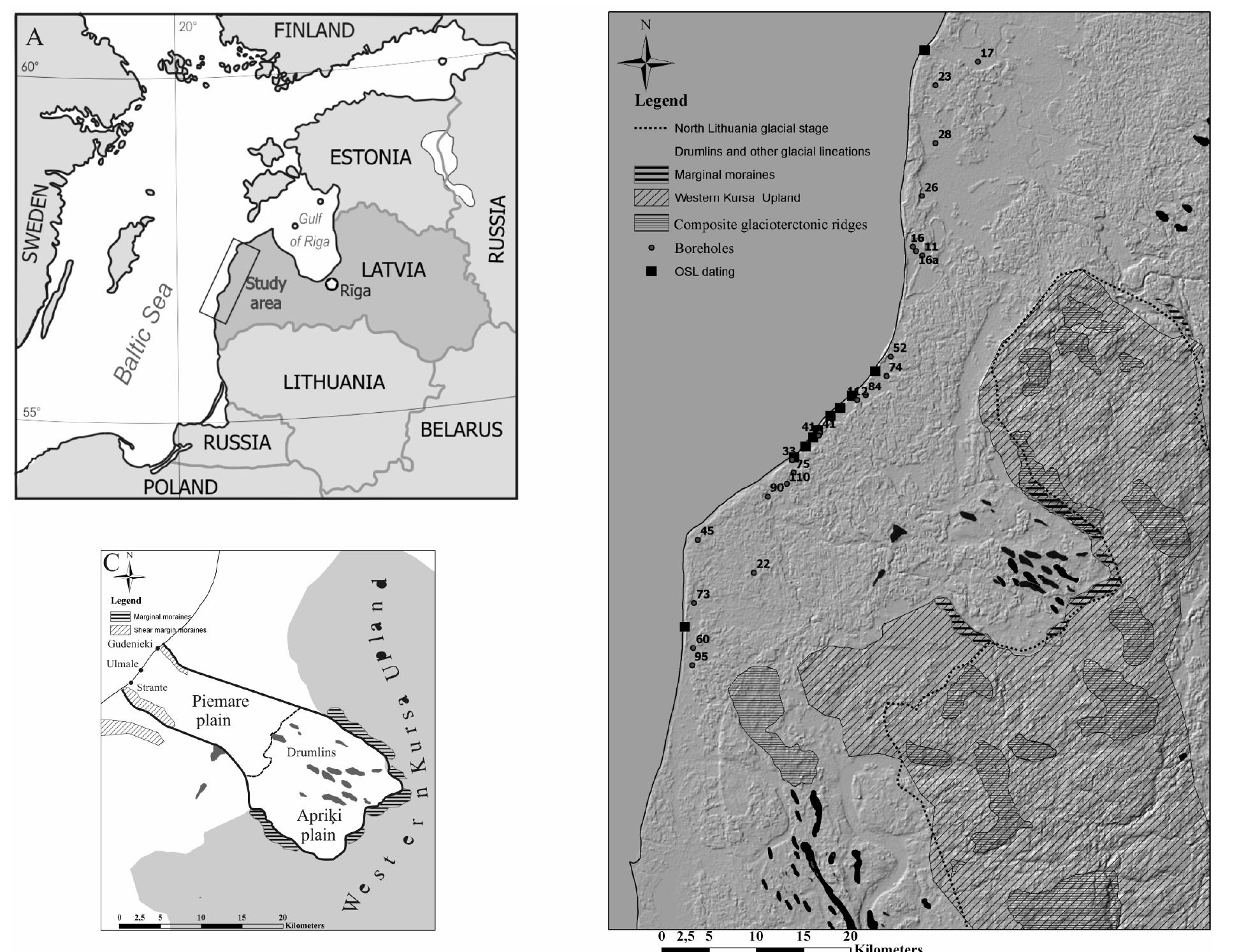 Figure 1. A — Location of the study area. B — Position of the thesis key sites, position of the OSL dating samples (black squares) and boreholes used (black dots) in geological interpretation of the Pleistocene sequence. C — Position of the key sites of the Apriki glacial tongue.  The study area is located at the western Latvia coastal area (Fig. 1A, B and C), where at the Baltic sea coast a chain of the coastal bluffs, that range with interruptions for a distance of almost 90 km, is present. Up to 22 m high coastal bluffs provide insight into Pleistocene glacial and non-glacial deposits. In this study most diverse 5 key sections have been chosen for glaciotectonic investigations, starting from the most northern: Sensala, Gudenieki, Ulmale, Strante and Ziemupe site respectively (Fig. 2 B). Along with these Zitari, Valcenieki, 