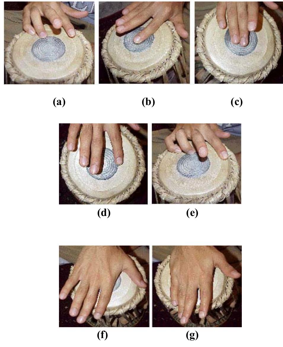down between the syahi and the maidan. The index fin- ger now strikes the chat, quickly releasing to let it reso- nate. The index finger strike on the chat is further away from the pinky and ring finger, than it is on the Na stroke. Tira is a combination of two strokes on the Dahina, which explains the two syllables of the stroke. It is executed by shifting the entire right hand from one side of the drum to the other. It creates a damped sound at each strike. This stroke is shown in Figure 5 (f) and Figure 5 (g). 