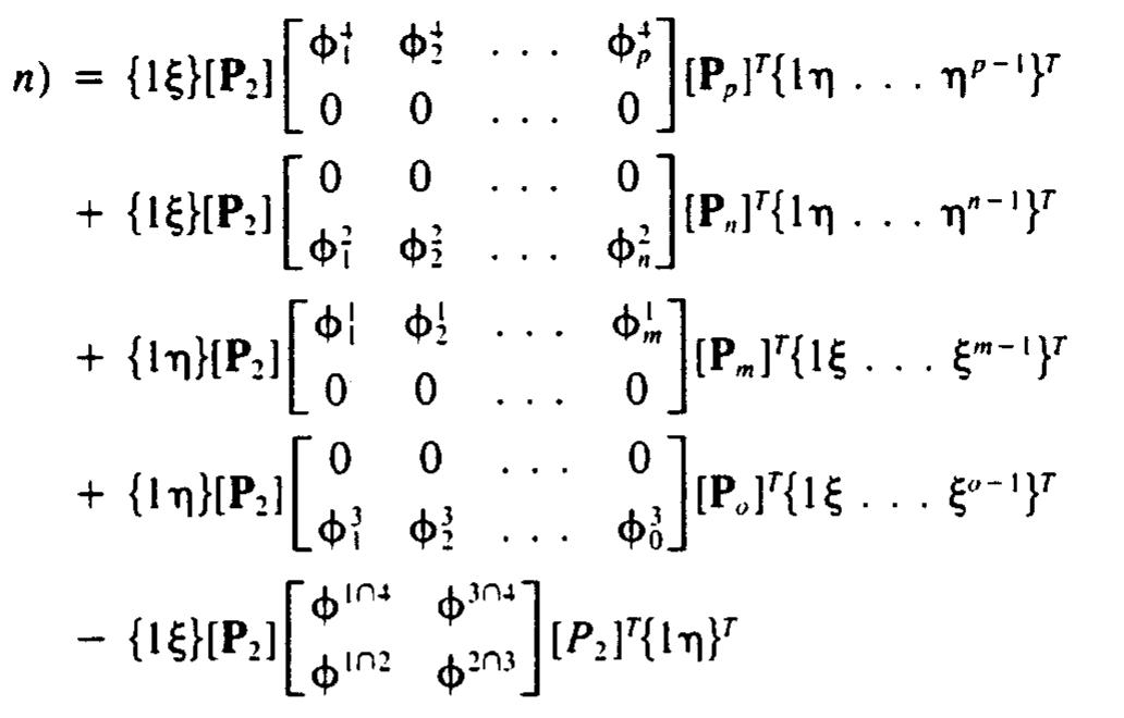 The related expression for symmetric node distribution was obtained by analytic condensation f internal nodes of a general Lagrange element. Note that (1) is equivalent to the general bi- inear interpolation function of Gordon and Hall{4], which is itself a special form of their more eneral transfinite interpolant. The [P,,] matrices in (1) are the inverse of Vandermonde matrices onstructed from zeros of a polynomial expansion on the [—1, +1] interval. As shown by sall(6], the use of such matrices results in a direct method for the generation of serendipity hape functions. The method is here presented in such a way that it can serve as the basis for leveloping a general algorithm for the construction of serendipity shape functions for rectangular nid-edge elements. 
