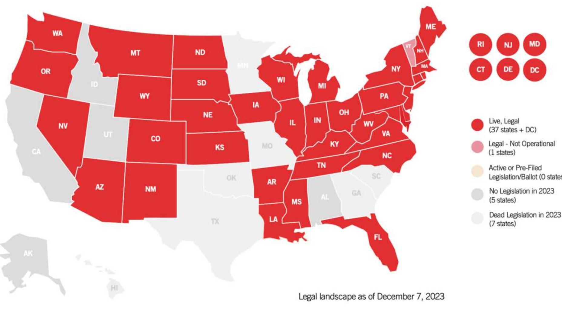 Source: American Gaming Association (https://www.americangaming.org/research/state-gaming-map/).   Figure 1: States that legalized and launched sports betting as of December 7, 2023 