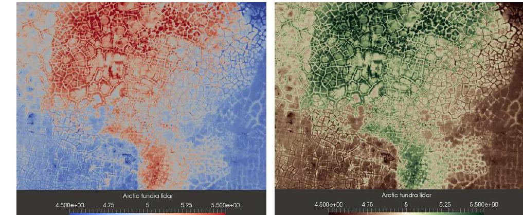 Figure 5: Arctic scientists are studying how subtle changes in the topography can lead to significant changes in vegetation type and distribution. This topographical LIDAR data without context is rather an abstract pattern. Rendering in the green and brown palette provides associative clues not available in the standard cool warm. Additionally, identifying the areas of foliage verses dry tundra is quite intuitive. 