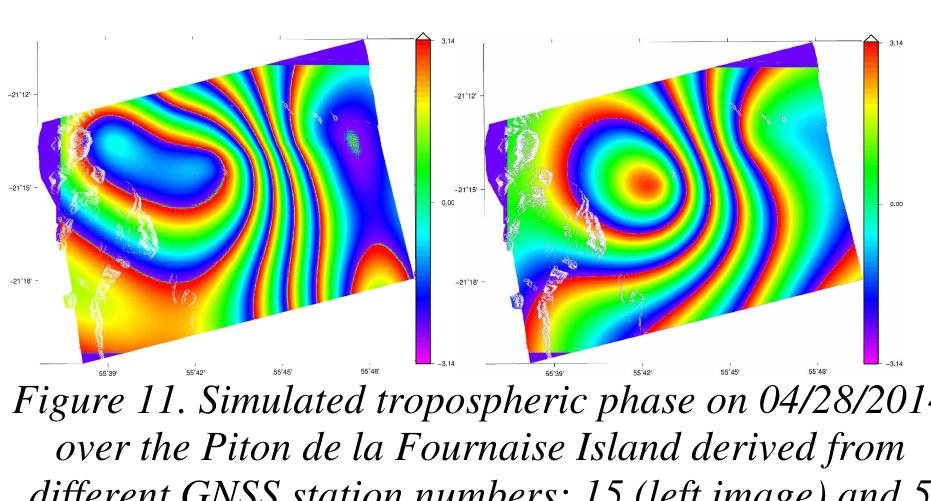 Figure 10. Subarea of the GPS ZTD map produced with cubic spline interpolation on 04/28/2014 and respectively 15 stations (left image) and 5 stations (right image). 