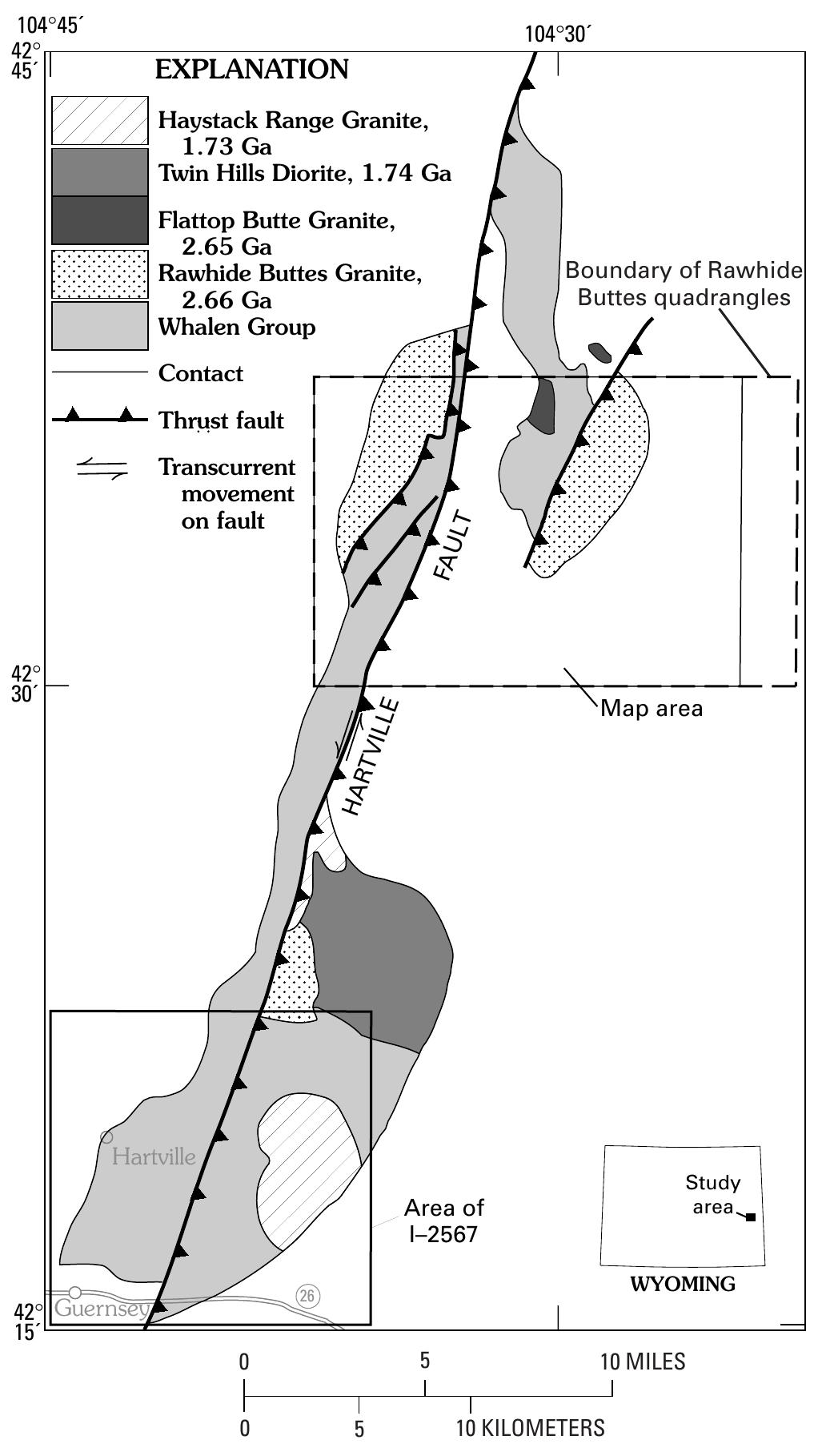 Figure 1. Index map of Hartville Uplift showing out- line of Rawhide Buttes West and Rawhide Buttes East quadrangles. Outline of published map I-2567 (Sims and others, 1997) also shown.  Detailed geologic mapping (scale 1:24,000) of Precam- brian rocks in the Hartville Uplift, southeastern Wyoming (Day and others, 1994; fig. 1) following earlier regional geologic mapping (scale 1:48,000) by Snyder (1980) has shown that the Late Archean granite and supracrustal rocks (Whalen Group) of the Wyoming province (fig. 2) were deformed during three convergent (tectonic) events in the Early Proterozoic, extending from between ~2.1 Ga to pre-1.7 Ga (table 1). These events are recorded in the Guernsey quadrangle (Sims and others, 1997) (fig. 1) and are expressed in part in this map area. From oldest to  brian rocks in the Hartville Uplift, southeastern Wyoming  Detailed geologic mapping (scale 1:24,000) of Precam- 