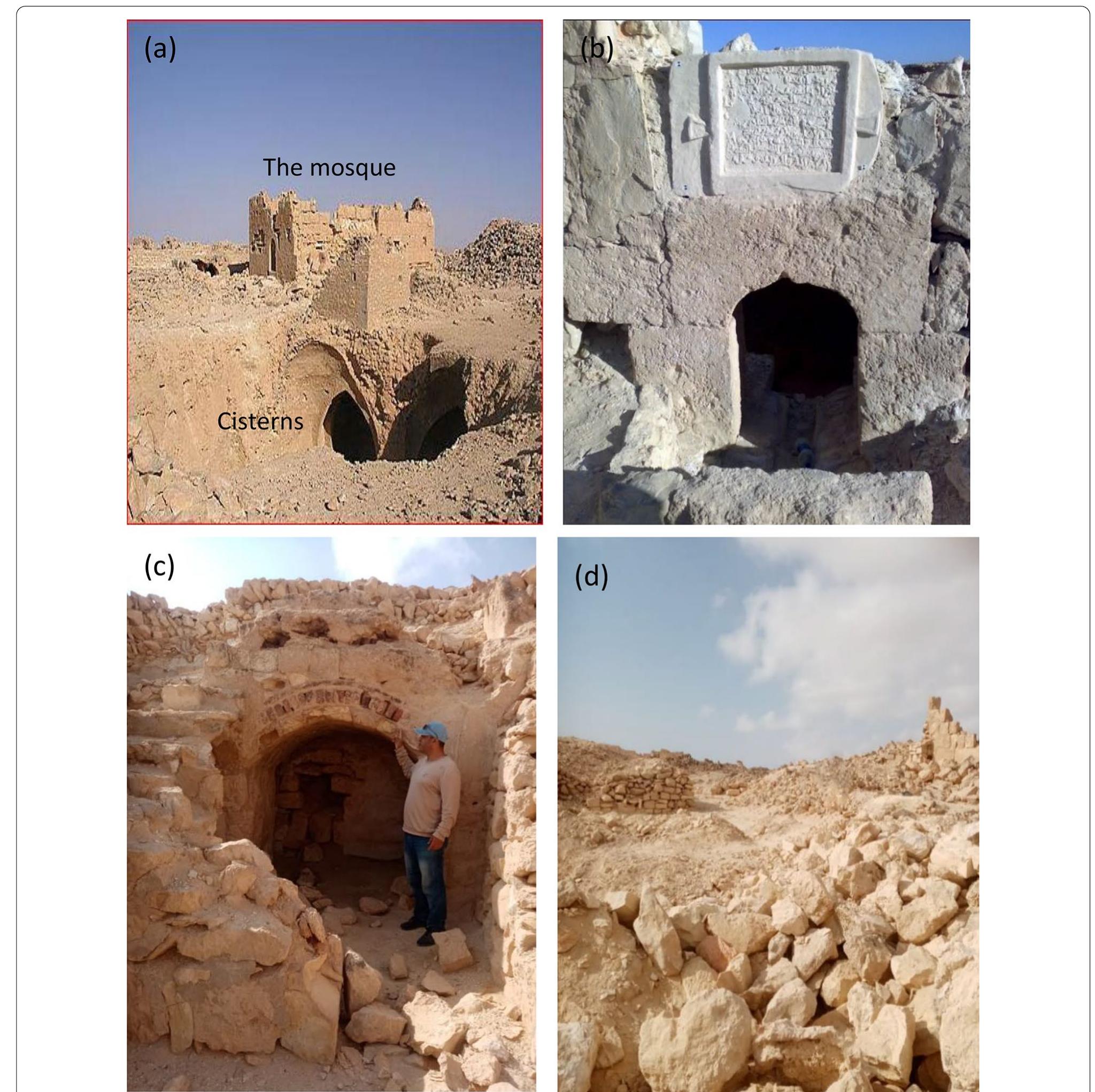 Fig. 7 The grand Mosque with cistern (a) [18], small Mosque cistern with exterior elevation of the Quibbla wall with the text of construction (b) [66], the entrance of the bathrooms (e), and the ruins of barracks (d). The internal design incorporates religious elements which is demonstrated  by the presence of four mosques (Fig. 6; sites 1-4), two of which are unroofed "Musalla" (Figs. 6; sites 3-4; 8a), they are always used for crowded worshipers, possibly during Eid. The Mihrab (Fig. 8b) of Fatimid dimensions and ornamentation [66], as well as windows of radial shapes, support the idea that the fortress has been built before Saladin and belonged to the Fatimid Caliphate during the Era of Khalifa Al-Amer (1102-1130 AD), [68].  Shops or weapon armories are discovered (Fig. 6 sites 6, 9) [67], and related to military purposes, however, site 6 is referred to as a prison (Fig. 8c) [21]. Among the renovations made by Saladin is a monumental square external entrance crowned with a limestone arch whose keystone bears an  inscription in the name of Allah (Fig. 8d). On the other hand, the inscriptions engraved on the internal entrance show two six-pointed stars (Fig. 8e) that also scatter on walls and ceilings, it is the iconic six-pointed star of Saladin (Fig. 8f) [21, 69, 70] 
