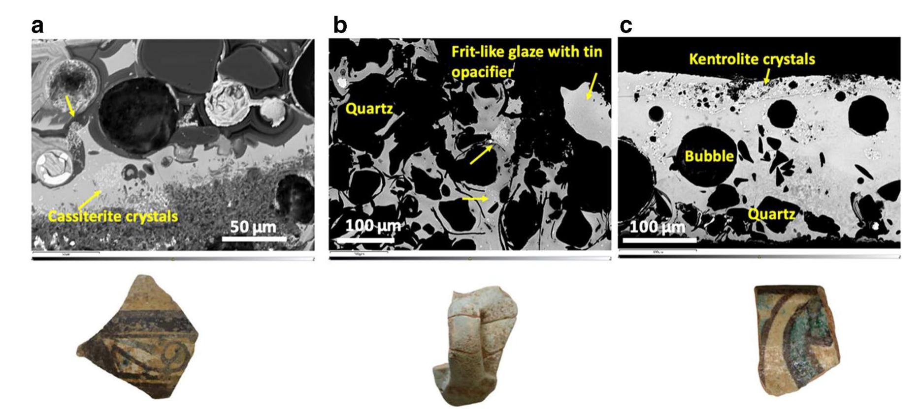 6); ¢) the presence of large bubbles, unmelted quartz and overglaze brown decoration with associated kentrolite crystal near the surface of the glaze in sample Chi 28. This sample was likely opacified using quartz rather than tin oxide  Fig. 7 BSE micrographs of the opaque glazes analysed with picture of the respective sherd showing: a) the abundant presence of cassiter- ite crystals as opacifiers (Chi 30); b) the use of tin opacifier in a frit- like glaze showing numerous unmelted quartz grains in the glaze (Chi 