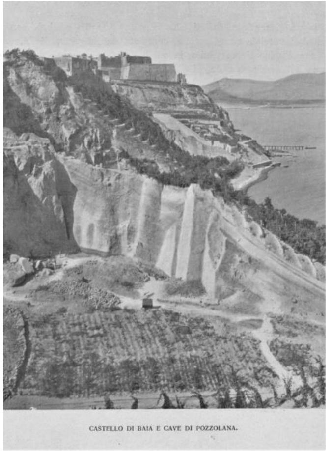 Castle of Baia and the pozzolana quarries. Source: De Lorenzo 1909 (page 118).  Robert Hohlfelder (2000) published an article entitled “Beyond Coincidence? Marcus Agrippa and Kir Herod's Harbor”. In this article he claimed that Marcus Agrippa was involved in the planning of the p of Caesarea, the construction of which was completed in 9 BCE, and he was also the one who organi: the transportation of pozzolana from the Naples area to the port of Caesarea. Pozzolana is a natural siliceous-aluminous material which reacts with calcium hydroxide in the presence of water. In this reaction, insoluble calcium silicate hydrate and calcium aluminate hydrate compounds are formed possessing cementitious properties. This material formed the basis for creating the hydraulic cement from which the Caesarea port was built. The important characteristic of hydraulic cement is that this material hardens under the surface of the water.  material hardens under the surface of the water. 