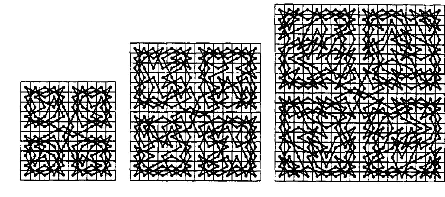 Fig. 10. 10 x 10, 14 x 14, and 18 x 18 knight’s tours that are symmetric under a 90 degree rotation, constructed using the technique of Theorem 2.5. 