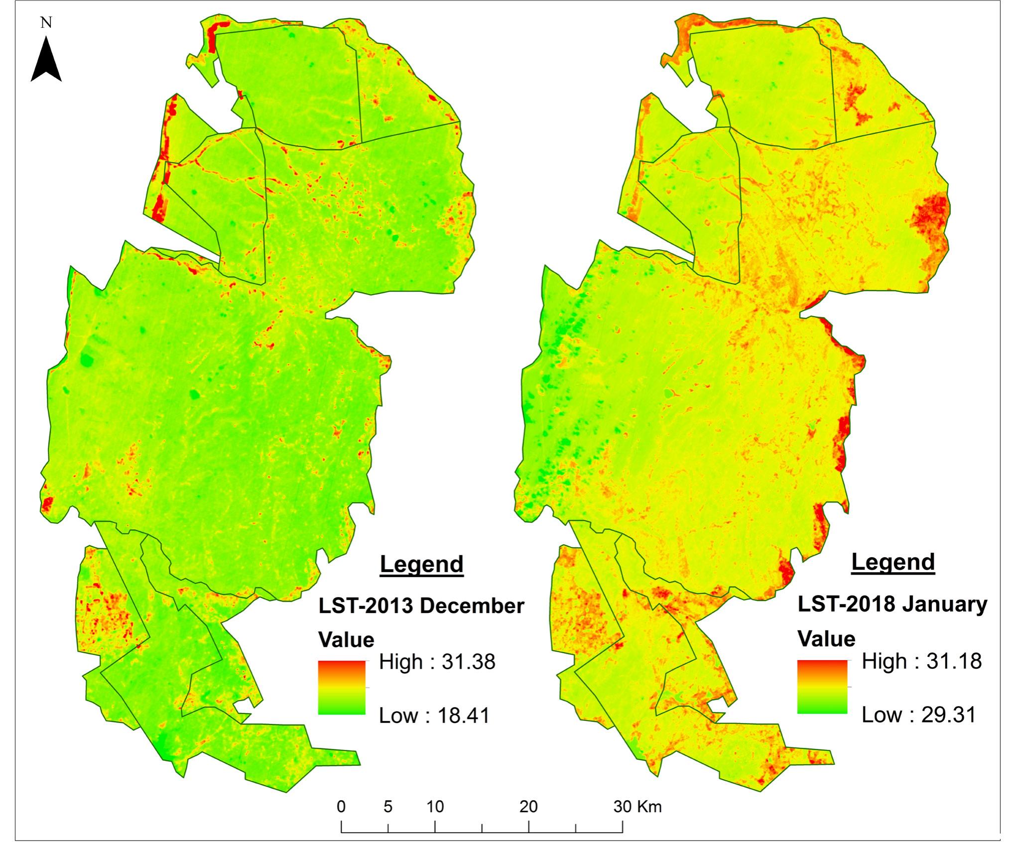 Figure 2: Land Surface Temperature Distribution over Wilpattu Forest Complex  in its function of regulating micro-climatic conditions. 