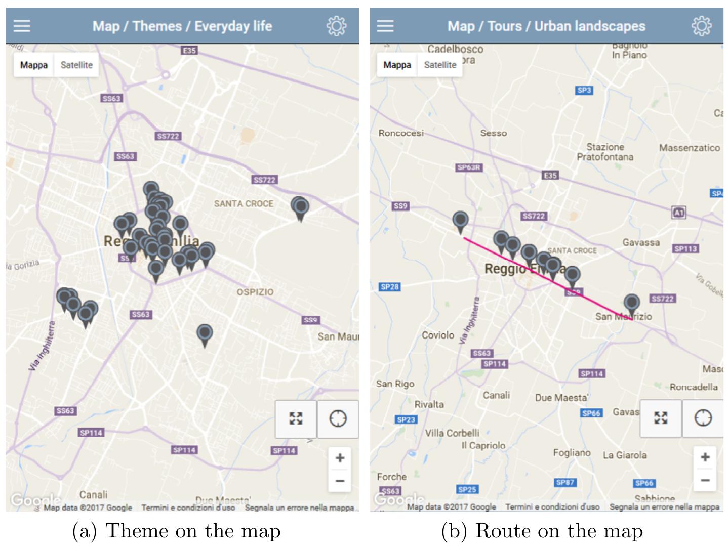 ig. 7. Storytelling through preset modes on the map: example of a theme (“Everyday Life”) showed on the map (a) and example of a route (“Via Emilia”) showed on the map  »). 
