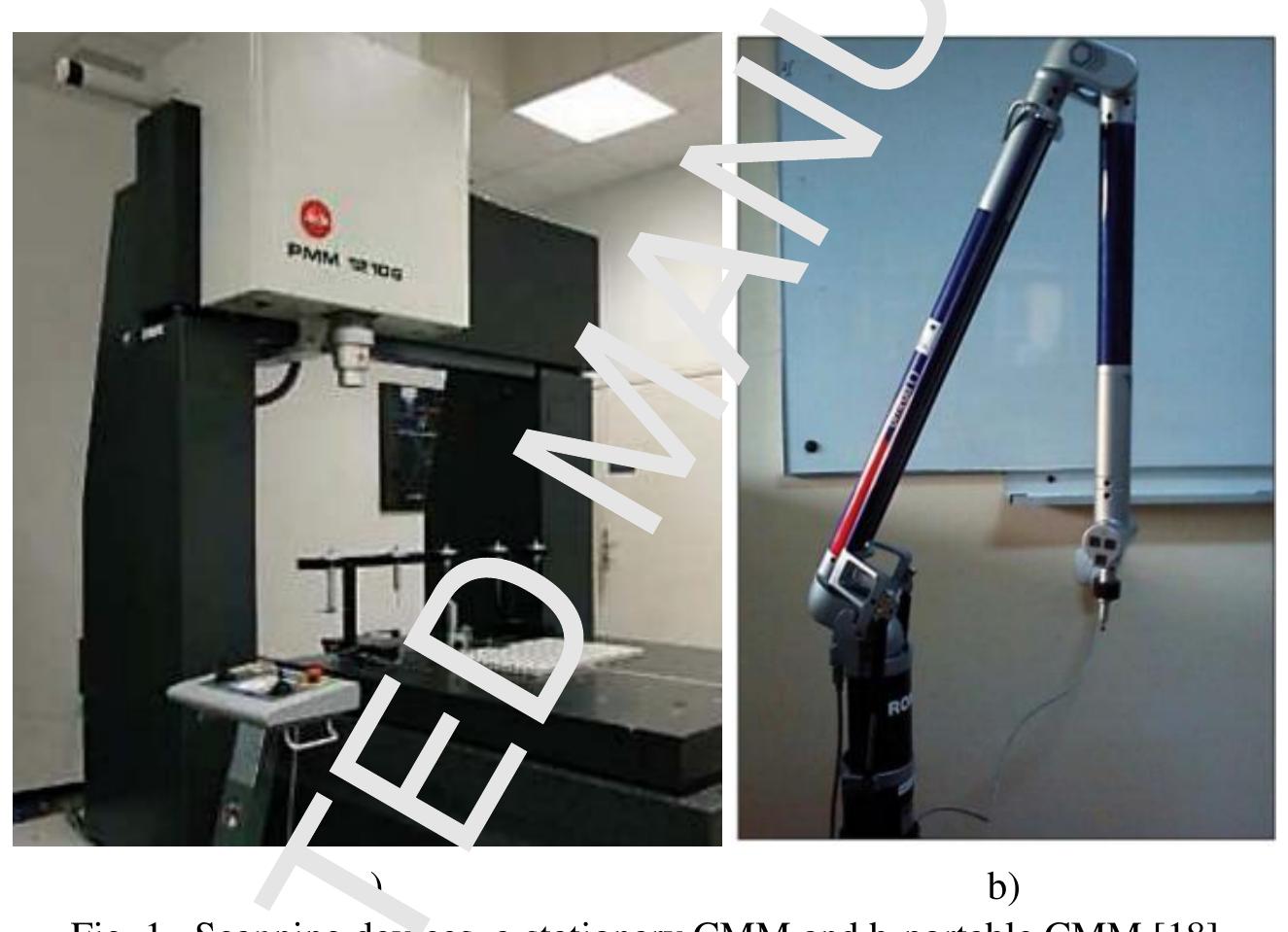 The performances of SMM are the subject of very extensive research .nd standardization, like as [15 17].  Non-contact devices are . ~'!at.vely new approach in the inspection. The most commonly used are laser scanners, structured ligh’ scanne.~ and industrial CT scanners. They all record “the shape” of the part so  over the contac  can be mounted  devices | :clu’.e fast data collec  on C™4M and PCMM- and can  eads to a spe ific m>asurement noise, while di  be hand-held or can be mounted on tri  terns and system of cameras to record  he measurements can Je a .alyzed by inspection software. The advantages of the non-contact scanners ion, ability to measure flexible (soft) materials, and in particular a compre .ensive cullection of points, which means a clearer view of the entire part. The laser scanners use laser ‘ight to :reate 3D shape of the part as point clouds. They are usua  ly very flexible- pods. Laser light  ffusion of the laser light limits the possible resolution and systems .ased o. laser usually have problems with measuring the highly reflective surfaces. Structured Light .-_..ners use projected light pa for recordi. ¢ 5, ..ape of the part. They are available in various shades of light, and are usually more precise than 1. ser scanners, due to extremely less measurement noise. In addition, they  light deviations  can operate with  shining parts. Combined technology of light and cameras provides much better precision, which involves work with much difficult data sets. They are also less flexible and require mounting and calibration on tripods or robots. The advantage of industrial CT scanners is that they can record both internal and external geometry, and thus are able to recognize and identify cracks and fissures on 