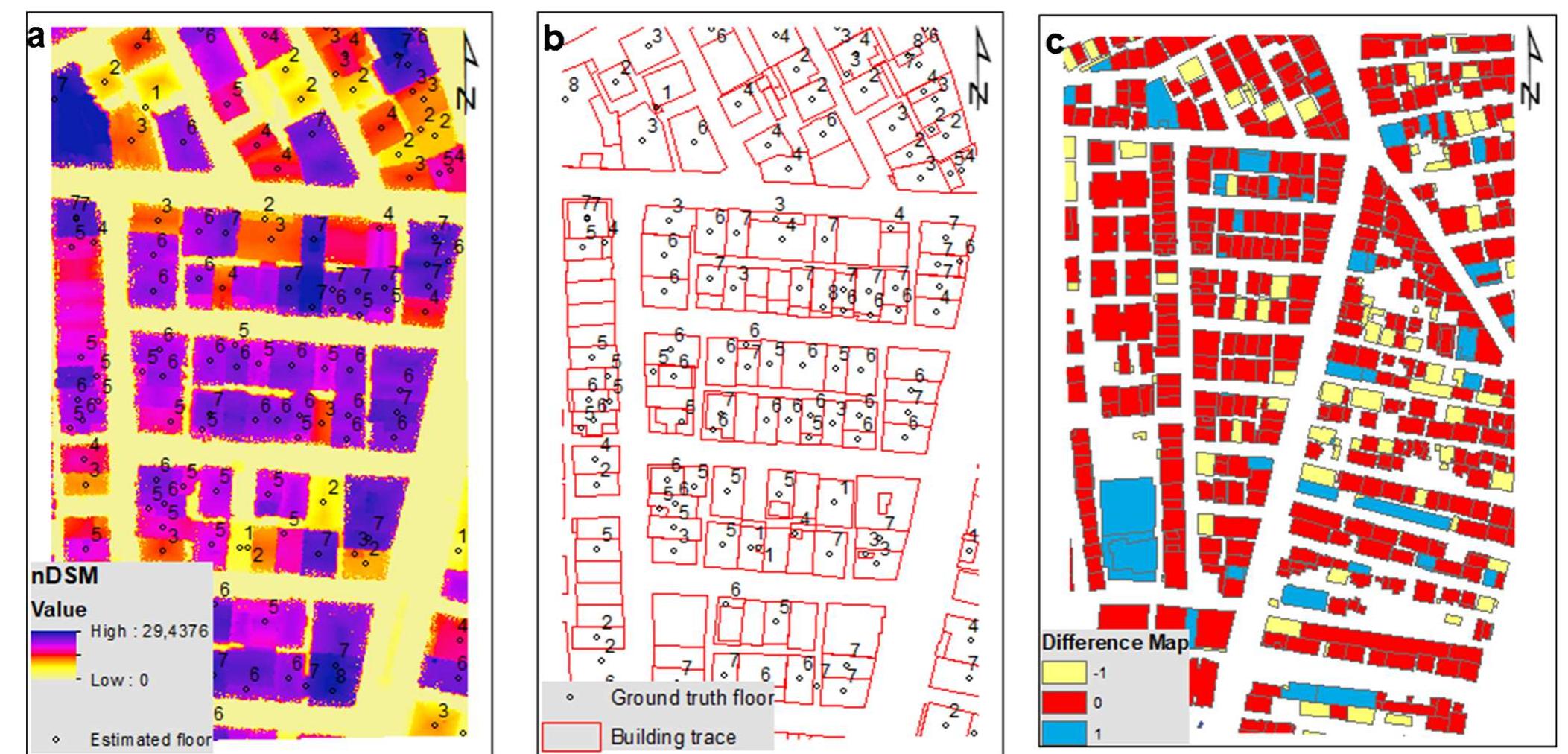 Fig. 7 Estimated building floors from nDSM elevation data in (a), ground truth floor values in (b), difference map of estimated floor and ground trutl floor in (c) 