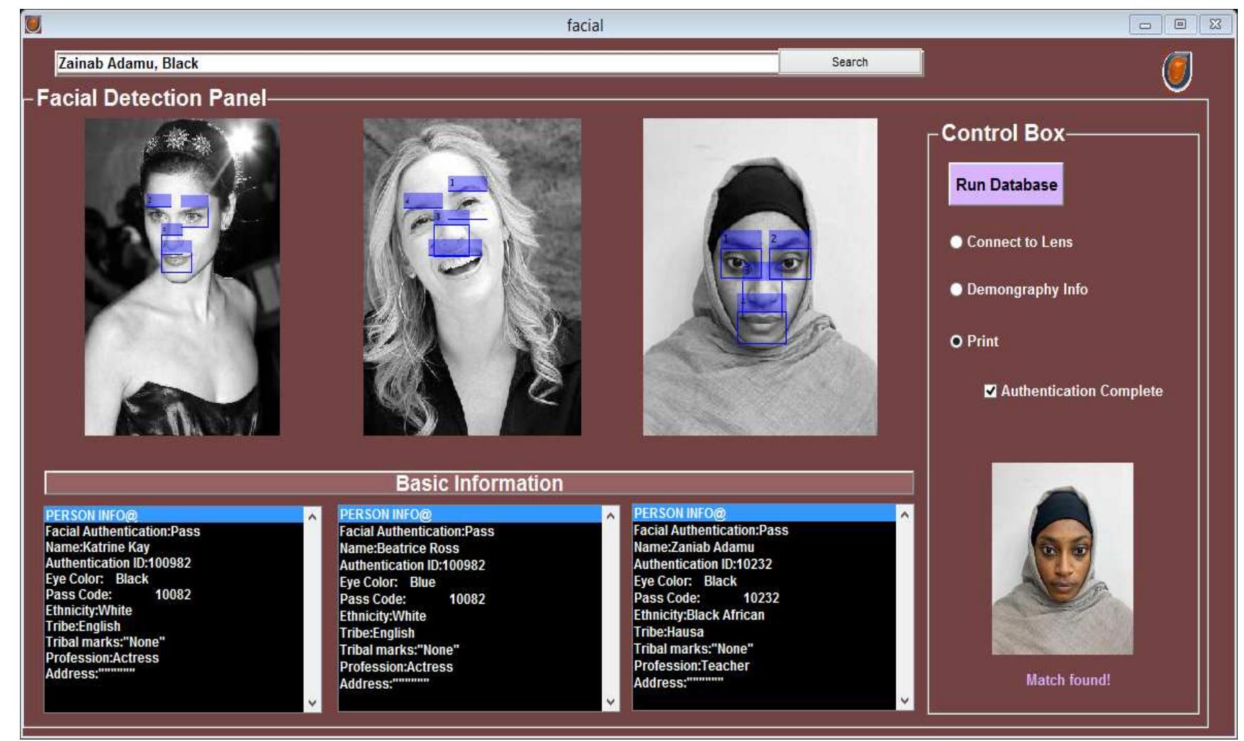 Figure 2 shows the interface used for the proposed model, the initial stage is taking an input image that is located and registered in the database, its demography loads in when the person’s information is available online. A black profile is loaded if no demography is seen. Once a face is detected among the best possible match the result is displayed. If the same features are detected again in a search with different inputs, the system will indicate how many faces are in the image and the individuals with the detected faces. The database contains different images from an online survey and locally included real-time images from a mobile app. Background images are usually filtered out because they are considered anomalies by the inference engine.   Figure 2: Window form with image match in parallel face recognition set. 
