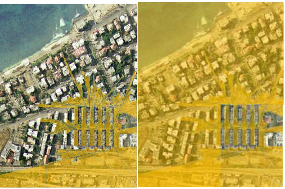 Comparing visual openness. Integrating isovist area from roof terraces as measured at the Bat-Galim neighborhood.  5 Concluding remarks  Figure 8 illustrates the second alternative schematic design: Repetitive vertical duplex apartments placed on top of public and commercial space,  together with private entrances to the dwelling apartme provides also a roof terraces and a public roof promenade, [ level requires high visibility and accessibility. Roof level  nts. This alternative 3]. In this case street provides private and  public openness to the view. Functions demanding visual privacy are located on  upper levels and have considerable visual protection regard  ing their privacy and  at the same time have visual openness to external view. This alternative would  also gain higher scores for the Environmental quality and of life of the residents.  he impact on quality 