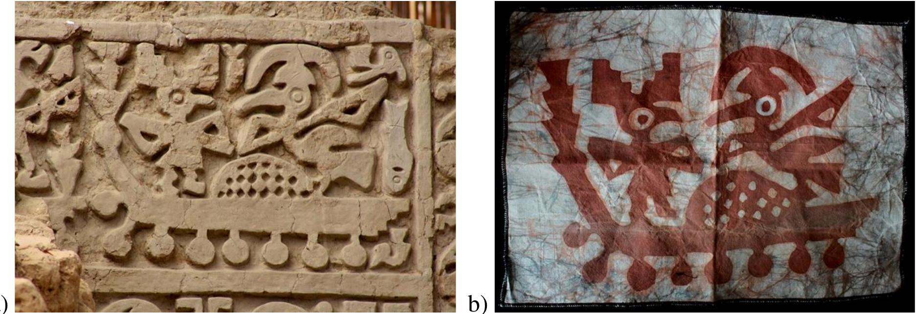 Figure 5. a) Clay frieze with a maritime fishing scene, 14th — 15th century. Ticume, Lambayeque. b) Design of the maritime fishing scene reproduced on cloth: resist dye technique. Julian Bravo, Tiicume. Photos R. Angeles. 