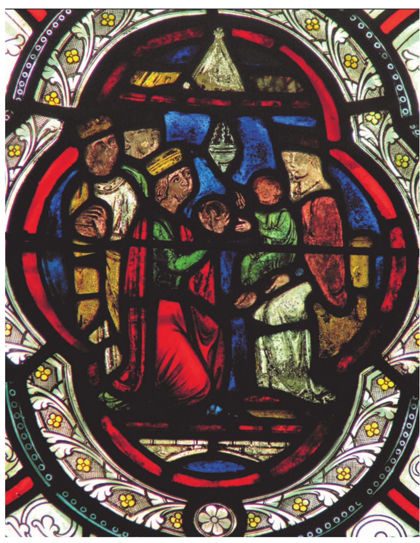 Adoration of the Magi. St. Oswald, Ashbourne, Derbyshire, 13th century. PHOTO © PAINTON COWEN FROM ENGLISH STAINED GLASS, THAMES 8 HUDSON LTD., LONDON. 