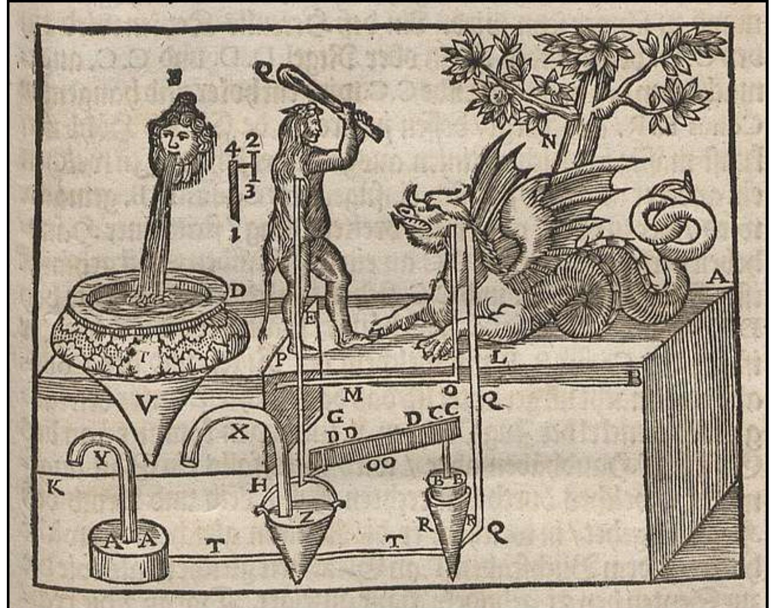 Fig. 2). Reconstruction of Hero’s “Hercules and the Dragon” by Giovanni Battista Aleoti, When Hercules hits the head of the dragon, the dragon shoots water on his face (1589)*  It's presumed that the mechanical dove was tethered to a cable, relying on a system  sf nillave and coiintanveioghte for flight  Hero left behind a significant legacy in the field of automata, which include detailed 