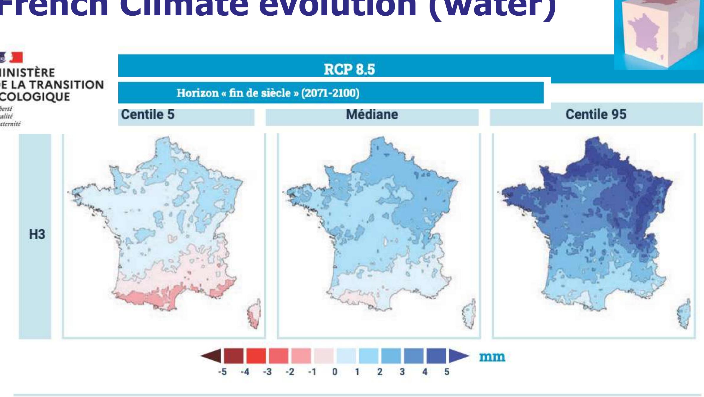 Figure 28 : Cartes des écarts de cumul de pluies extrémes pour le RCP8.5 et les trois horizons et selon les parametres de /a distribution C5, C50 et C95. 