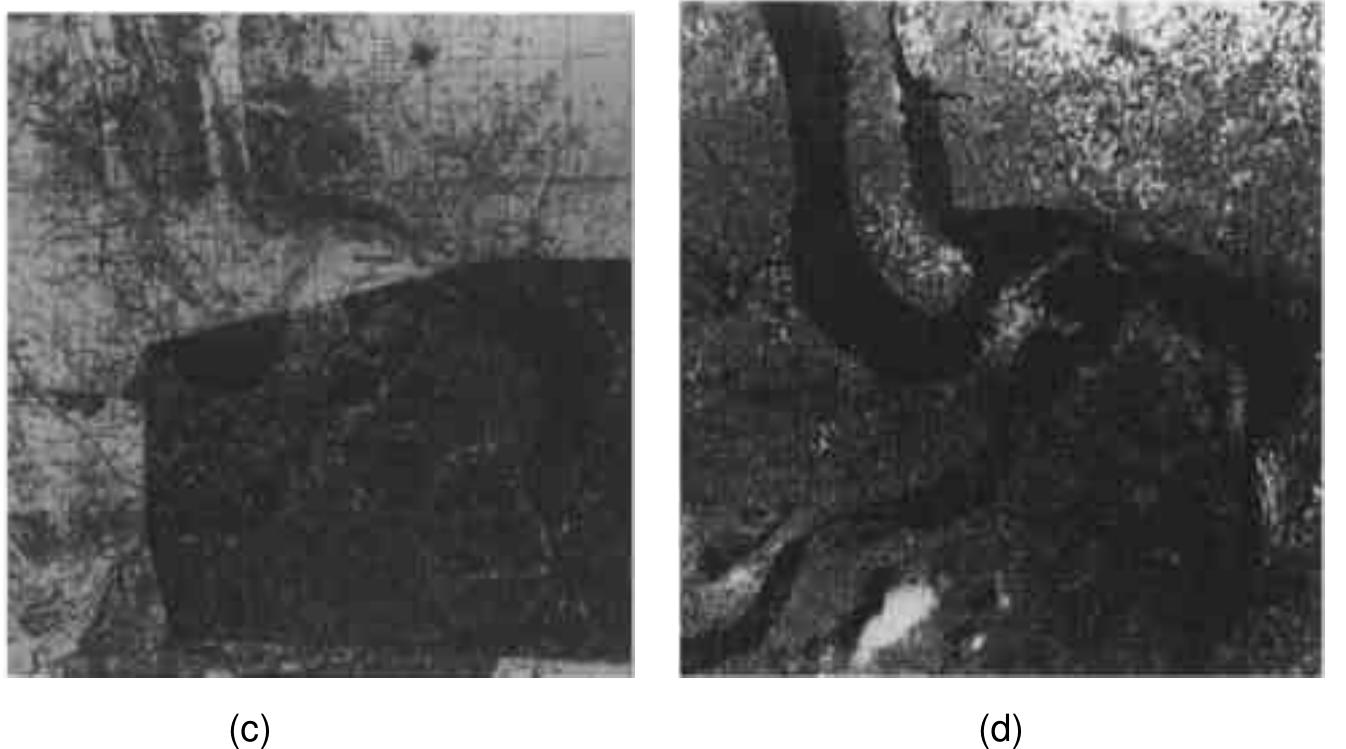 Figure 16: (a) Reference of normal Mississipsi, Illinois and Missouri River Channel; (b) July 29, 1993 SPOT Image of Flooded areas; (c) July 14, 1993 Satellite Radar Image Superimposed on Reference Map; (d) July 18, 1993 Band 4 Landsat TM Image of Flooded River System using Landsat TM satellite image. 
