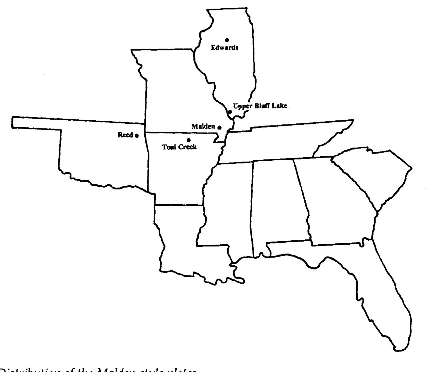 plate. In contrast, the ventral spots of both the Peoria and Etowah falcon plates are produced from both sides as expressed by a depressed ring around each spot. The technique used to produce the rest of the design of these plates is also generally similar. Clearly, the affinities of the Peoria plate are to the Etowah falcons and falcon impersonators, and the attributes of this group of embossed copper plates are not closely related to the Malden style or Spiro falcons.  a 