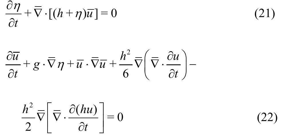 where w is the horizontal velocity. There exists a pre-written solver for the Peregrine equations in Nektar++. The equations are solved in terms of conservative variables and the solution scheme is using the wave-continuity step as introduced in Ref. [104]. First the advection part is approximated and used in an intermediate step. In the intermediate step the dispersive terms are reformulated into a Helmholtz equation in terms of the auxiliary variable g =   The classical Boussinesq equations due to Pere- grine!'"*! read 