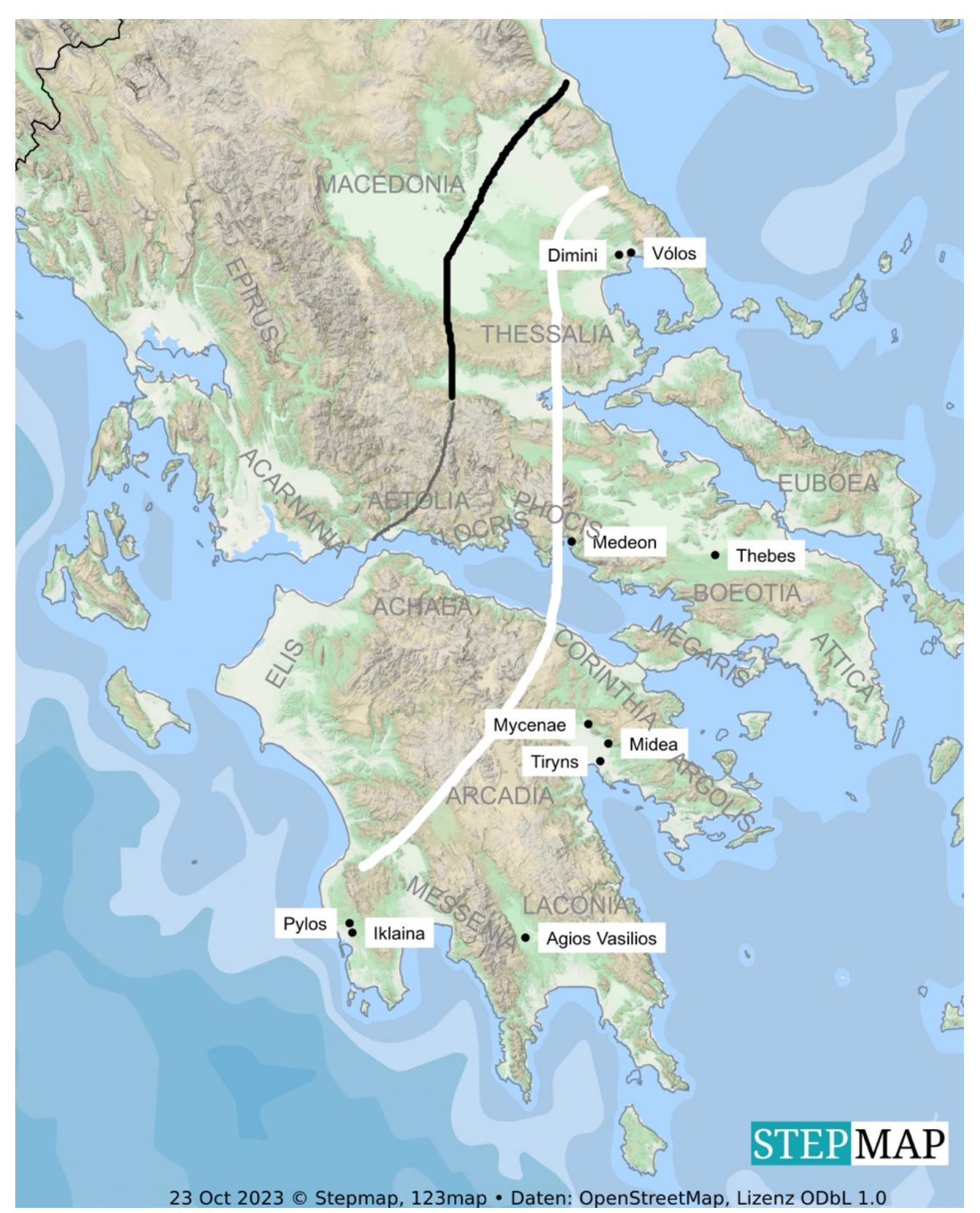 Map 3: The extended South Greek dialect area based on archaeological criteria (black line). PS: The white line indicates the 