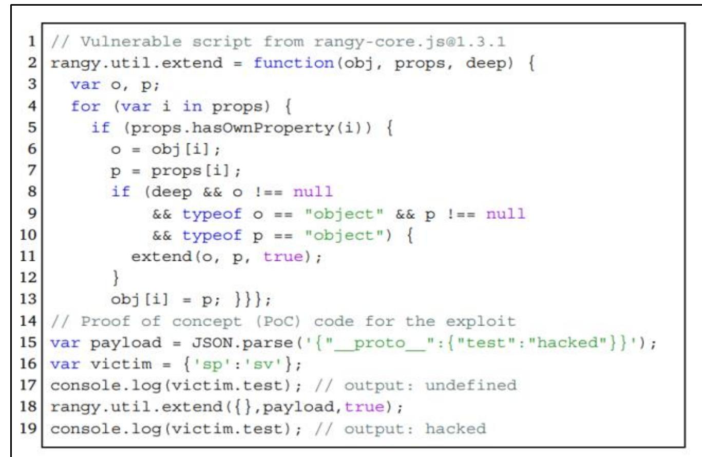 It provides the concept of prototype pollution in JavaScript, which occurs when malicious user's inputs manipulate an Object's prototype, leading to potentially devastating consequences [1]. JavaScript objects inherit  unctions and properties from their prototype, lowing for code reuse and object-oriented rogramming. However, this design choice nakes JavaScript vulnerable to prototype ollution attacks, where user inputs can naliciously modify an object's prototype chain.  Fig. 1 shows that listing 1 is a guided example, showcasing how the extend() function in the Node.js package rangy-core.js can be exploited to pollute the prototype. The example demonstrates how setting _ proto. as a parameter in a function call can lead to prototype pollution, enabling attackers to modify object properties and potentially execute arbitrary code.  ule Keypad UU ONO Clement TOMAS, Ulerl assigns value to a property in the object. This can lead to prototype pollution if the keypath is manipulated by attackers, allowing unauthorized access or code injection. Secondly, ObjL faces efficiency concerns due to the requirement of rebuilding static graphs for entire Node.js packages, which becomes particularly burdensome for large codebases. Finally, ObjL's inability to fully cover dynamic JavaScript features limits its detection capabilities, leading to instances where vulnerabilities, such as prototype pollution, may go unnoticed; as demonstrated in Listing 3 (Fig. 3), this code snippet defines a set function in_ the @strikeentco/set@1.0.0 package. It takes parameters such as obj, parts, length, and val. The function iterates over the elements of parts until the second-to-last element, creating nested objects if necessary. Finally, it assigns val to a property in the last object. However, this can result in prototype pollution if the elements of parts are controlled by attackers, allowing them to manipulate the Prototype chain. These challenges underscore ObjL's limitations in effectively addressing Prototype pollution vulnerabilities in JavaScript codebases.  