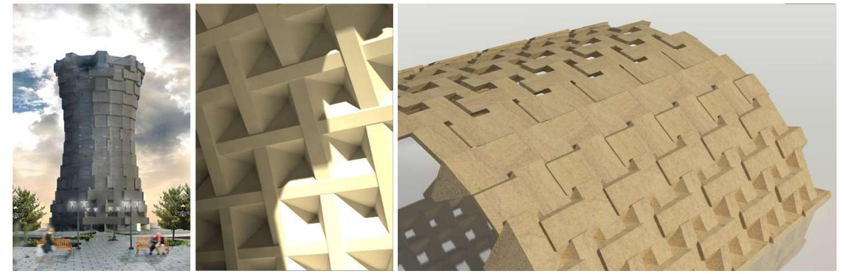 Figure 8. TIA material system based on tetrahedra, architectural speculations [26]. 