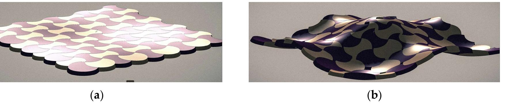 Figure 17. TIA material system based on intersected cones, the second procedural logic: (a) on a planar surface [33]; (b) on a double-curved surface [33]. 