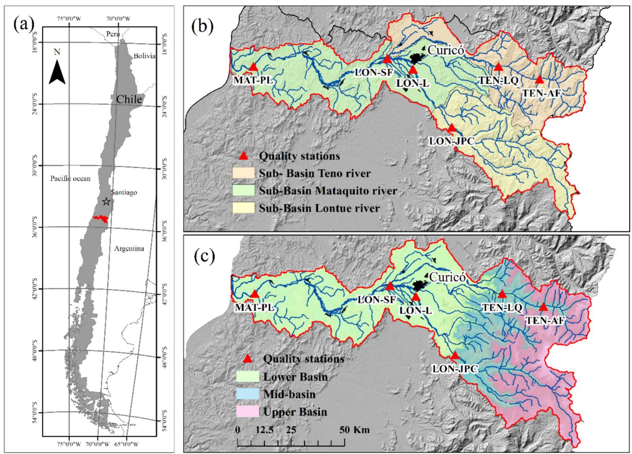 Fig. 1. Study area. (a) Geographic location of the Mataquito River basin in Central Chile. (b) Sub-basins and tributaries of the Mataquito River and water quality measurement stations. (c) Distribution of the water quality stations according to the lower, middle, and upper zones of the Mataquito River basin.  One of the challenges in environmental assessment within the earth  et al., 2021). In this sense, water quality is one of the dimensions rele vant for achieving water security (Mishra et al., 2021; Norman et al. 2013; Tundisi et al., 2015). High levels of water abstraction can have | negative impact on water quality, as well as significant agricultura activity, population growth, urban activities, and climate chang (Grafton et al., 2013; Lawniczak-Malinska et al., 2023; Liyanage an Yamada, 2017; Patil et al., 2022). In central Chile, the most populate area, climate change and overconsumption in agricultural productio: are expected to lead to decreases in flow (Jodar et al., 2024; Muno et al., 2020). To ensure the long-term sustainability of water resources, i is crucial to implement effective monitoring systems for water man agement with a focus on assessing water quality over time and acros different spatial areas. In line with this, water quality parameters and | water quality index (WQI can assist in trend monitoring, publi reporting, scientific research, and decision-making (Abbasi and Abbas: 2012; Banda and Kumarasamy, 2020; Chidiac et al., 2023; Fortes et al 2023; Rana and Ganguly, 2020; Uddin et al., 2021). A quality inde provides a comprehensive view of the spatio-temporal variation in wate quality in a basin. It is a versatile indicator for specific water uses, sucl as human consumption and irrigation, and for applications, such as th health status of limnological ecosystems (Akter et al., 2016; Alsubil et al., 2022; Lee et al., 2022; Mukate et al., 2019; Osta et al., 2022 Viveka et al., 2021; Zhang et al., 2019). A single WQI value scale fa cilitates comparisons between different sampling sites and allows fo easier and quicker comprehension of information than a long list o  ‘i a a: 