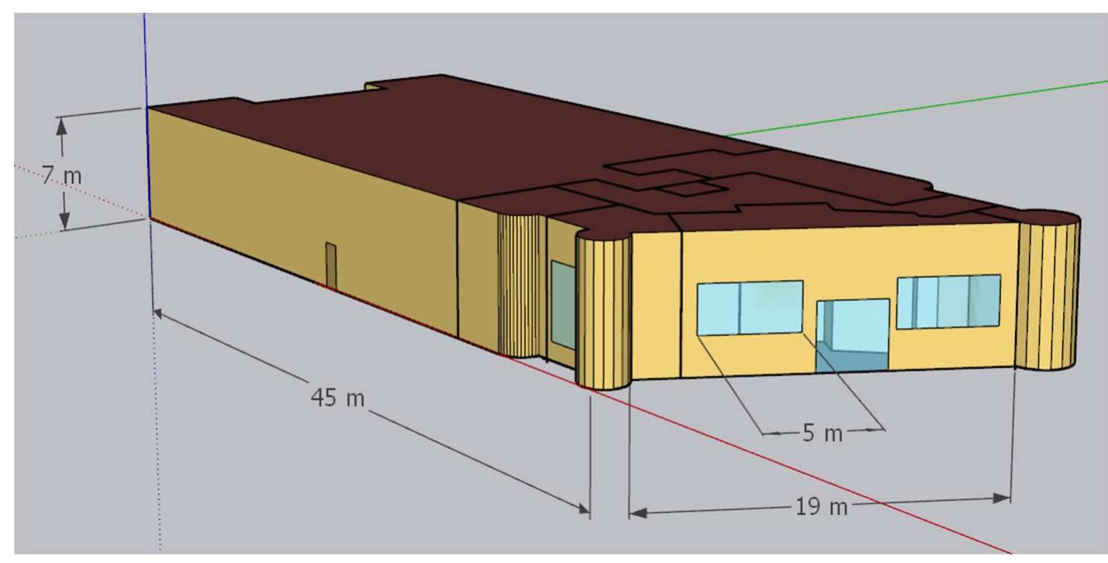 Figure 5. The modeled building in SketchUp.  for the office and warehouse areas, respectively, while the cooling setback in both areas was set to 26 °C. The hourly annual simulation of the building model took approximately 12s ona laptop computer equipped with an 11th Gen Intel Core i7-1185G7 CPU of 3 GHz, running Microsoft Windows 10 Enterprise. 