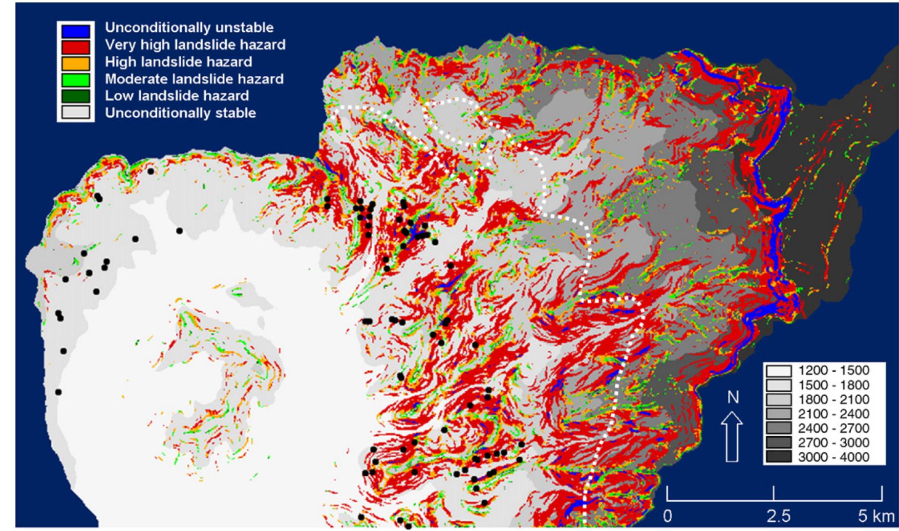 Fig. 2. Overlay of classified landslide hazards (Q.,, legend top left) calculated with LAPSUS-LS and the classified DEM (legend down right) for the study area. Observed landslides from the 2002 survey are indicated as black dots.  In the Bududa/Bushika zone, deep rotational slumps occur in Nitisols, soils with slight swell—shrink properties. All landslide scarps in this zone show a similar profile of at least two buried soils, created by an alternation of stable pedogenesis phases and unstable phases of regressive erosion. The superposition of a soil horizon with a silty clay texture on top of a coarser, sandy silt loam horizon of an older soil creates a pore discontinuity that hinders vertical drainage. As a result positive pore water pressures can develop, creating conditions which overcome the sliding inertia. In ad-  The relative hazard for shallow landsliding (Q,,; Eq. (1)) was calculated for the study catchment by the LAPSUS-LS model using the 10 10 m DEM and soil physical parameters from Table 1. Being relative mea- sures of landslide susceptibility rather than physically 