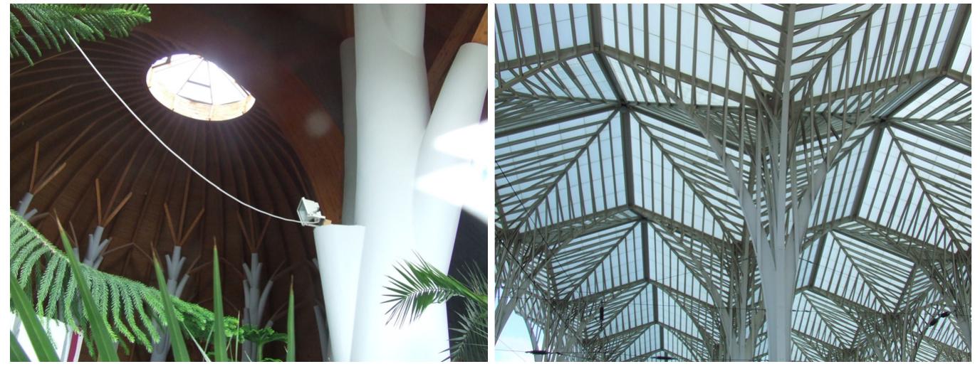 (a) Roman Catholic church, Szazhalombatta (1996-98), Imre Makovecz; (b) Oriente Station, Lisbon (1993-98) Santiago Calatrava.  VELSUDS LOELLUIULUCU CULEIELY Ll Cd LUIUUARY AULIVD LLdllisehvarlt [1d ]).  But the approach Hungarian architecture has is different: it regards the monumental structures of large span spaces as in theatres and churches. Following the theoretical approach of Medgyaszay today Makovecz employed the language of timber in reinforced concrete in the church of Szazhalombatta, different from his usual timber organic architecture: trees out of reinforced concrete. The approach is not singular in contemporary architecture: the gothic shapes employed by Santiago Calatrava in his railway station design (ex. Oriente railway station, Lisbon, Fig. 15b) remind the way trees are bearing weight, in an organic approach as well. There is still need to learn from spatial structures to the multi-storey skeleton structures of Langenbach [13].  