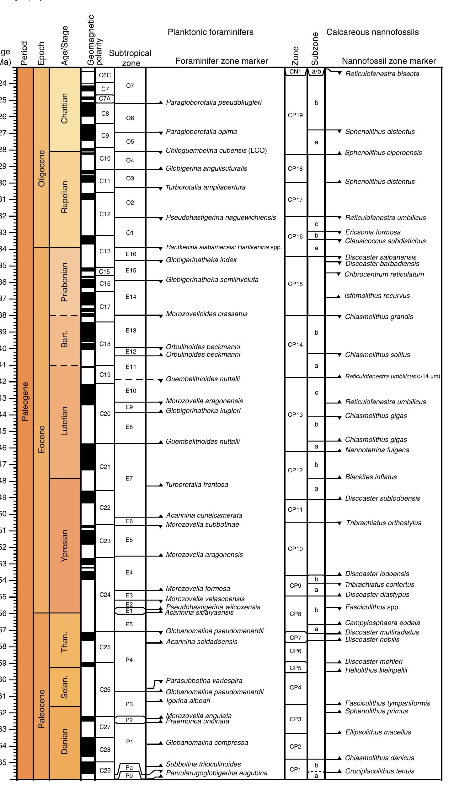 igure F13. Paleogene timescale. Planktonic foraminifers and calcareous nannofossil events, datums, and age assignments follow Gradstein et al. (2012) and clude additional Cenozoic datums recognized by Wade et al. (2011). The zonal scheme of Okada and Bukry (1980; CN-CP codes) was used for Paleogene alcareous nannofossil biostratigraphy. LCO = last common occurrence. 