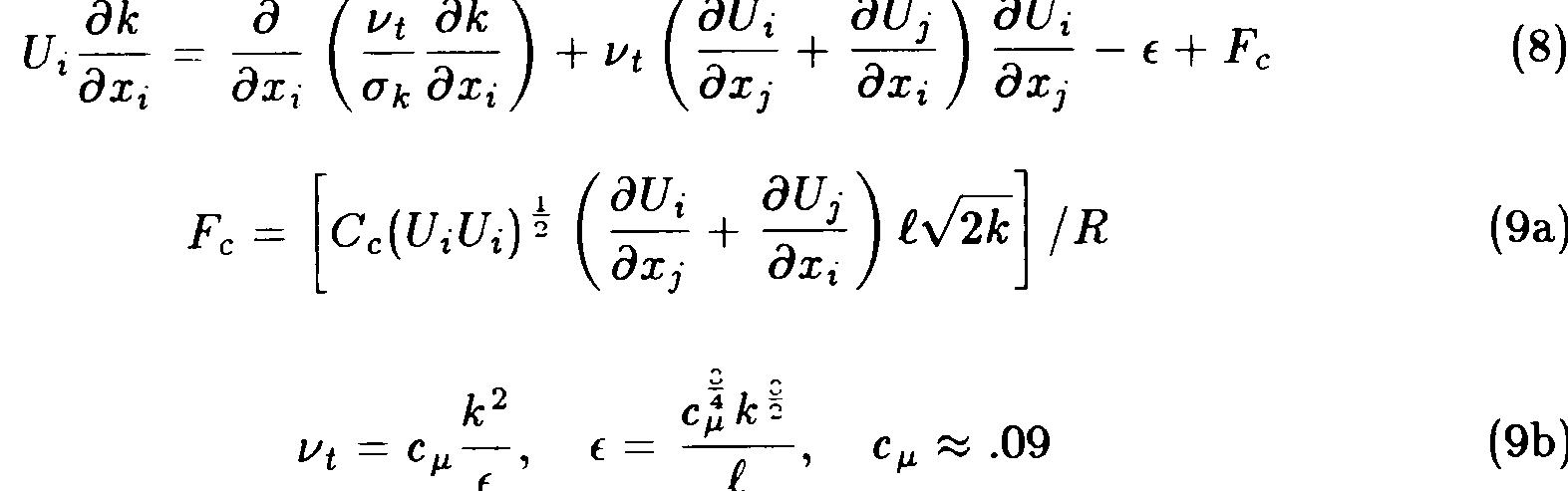 (Note that the c, as used here differs from the C,, defined in Eq. (4).) For the high Reynolds number flow under consideration, only stress terms in the normal direction are retained. In addition, convection and diffusion processes are neglected. Under  these assumptions the energy equation reduces to  where R will be the streamline radius of curvature and ( is an empirical constant on the order of 10. For this investigation a different correction formula, suggested by Baldwin (private communication), was used. This correction is derived from Prandtl’s turbulent kinetic energy equation with a curvature suppression term, F,, suggested by Baldwin, Chigier, and Sheaffer!! in 1973 for a k — € model. In the notation of Rodi!” the steady kinetic energy equation with the curvature suppresion term suggestion by Baldwin. et.al!! is written as 