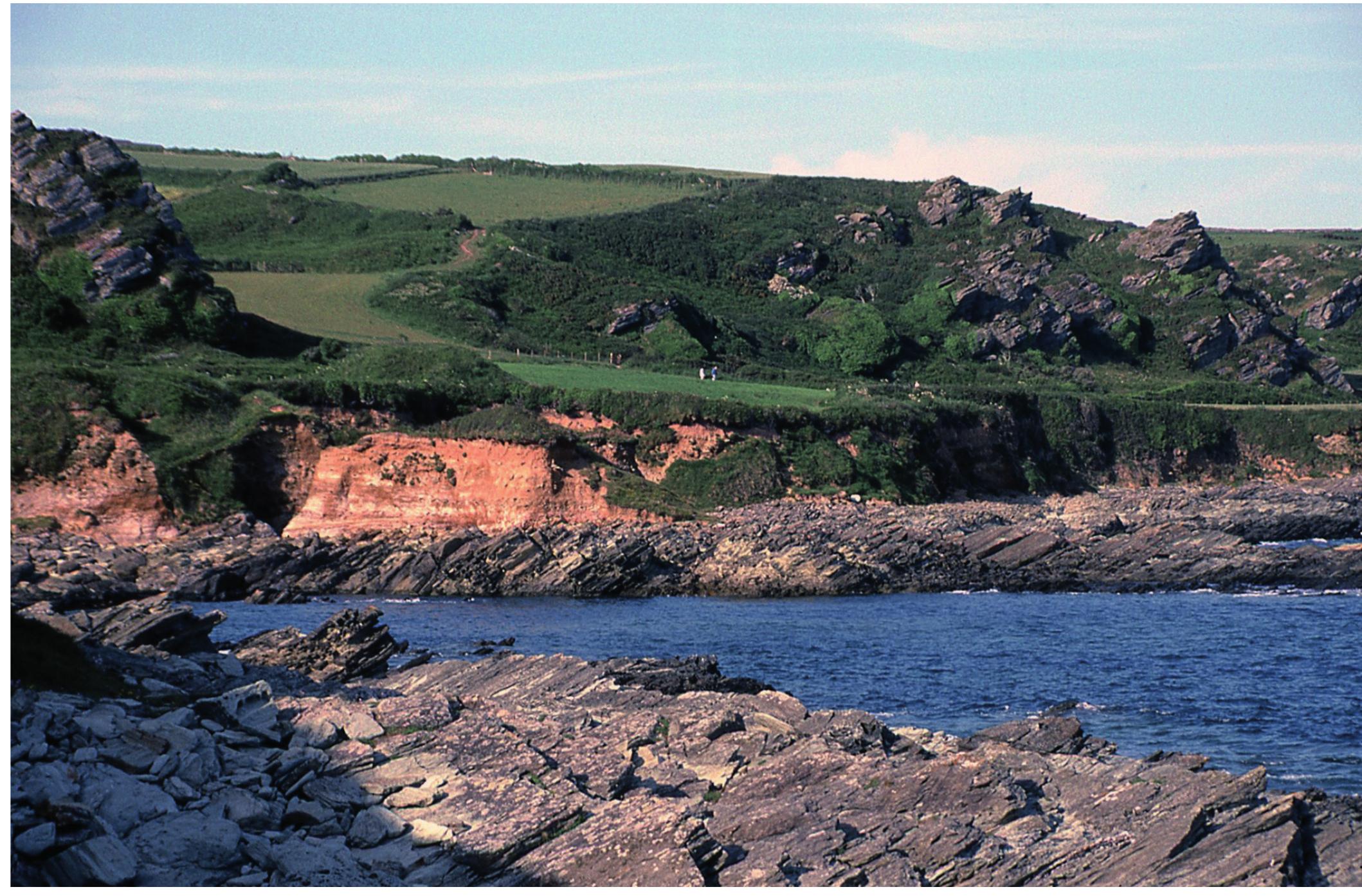 Figure 18. Apron of granular head deposits above rock platform developed on schist between Prawle Point and Langerstone Point, south Devon. Hillside tors in background developed along the old cliff-line and contributed debris to the head deposits (photograph by J.B. Murton). 