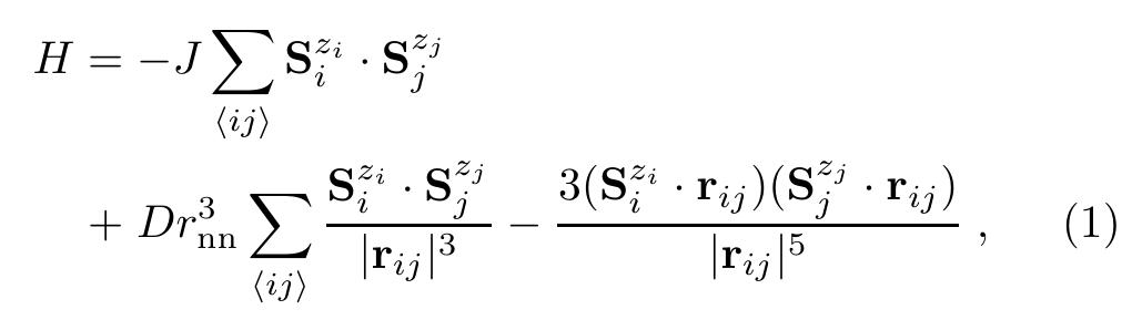 Our Hamiltonian describing the Ising pyrochlore mag- nets is as follows,  where the spin vector S;* labels the Ising moment of mag- nitude |S| = 1 at lattice site ¢ and local Ising axis z;. Because the local Ising axes belong to the set of (111) vectors, the nearest neighbor exchange energy between two spins 7 and j is Jyn = J/3. The dipole-dipole in- teraction at nearest neighbor is Dy, = 5D/3 where D is the usual estimate of the dipole energy scale, D = (uo /47) 92? /r3,,. For both HogTizO7 and Dy2Ti2O7, Dan ~ 2.35 K. 