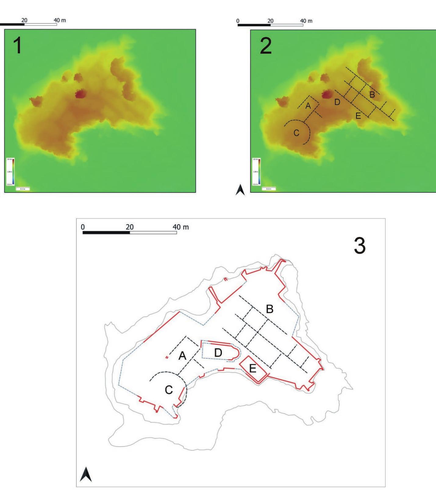 Fig. 4. Analysis of the DEM model of Lukowac Island and its interpretation 1 - The DEM model revealed visible lineaments with a SN - SE - NW course, which most likely correspond to the course of the walls of the residential and farm structures. 2 and 3 - Interpretation: A The so-called western complex  of buildings. B - So-called eastern set of buildings. C - Oval structure of unrecognised character. D. Rel- ics of the church. E - Remains of a cistern. Processing and drawings: F. Welc 