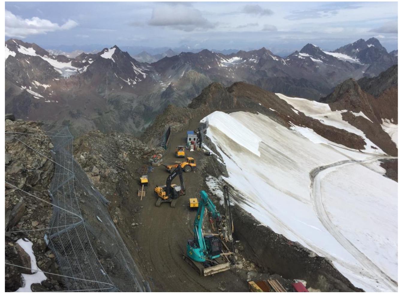 Figure 5 — “Repairing“ the glacier landscape in summer 2020. Copyright 2020 by H. Nobauer.  severe damage occurred in 2018 at the highest point of the ski area when a 1uge glacier broke and destabilized a slope. In order to rebuild the damaged lope and enable the season opening, the company illegally blasted away a considerable area of rock that was defined as protected. Although the compa- iy was forced by the environmental authorities to close that particular slope, t was permitted to reopen it a few months later on the condition that it would  ‘rebuild” the area as much as possible. 