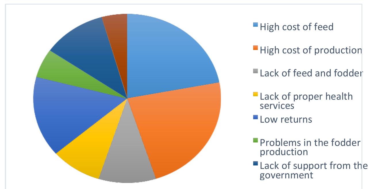Figure 5. Problems faced by the dairy farmers in the study area  Milk yield (liter/day/cow) of lactating cows as reported by the respondents  In the study area, the average daily milk production per cow is 10.26 liters, with the lowest being 4 liters and the highest being 16 liters. Most of this milk is either sold to nearby dairies or used by the households. However, it’s important to note that the price of milk can vary a lot in the local dairy market. On average, milk is sold for about Rs. 16.73 for every | percent of fat in the milk, as the price depends on how much fat the milk has.   Problems 