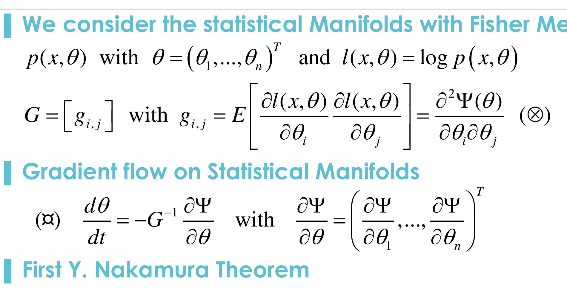 > The gradient system (8) is always linearizable. The induced flow on an open subset of the Riemannian Statistical Manifold such that there exists a potential function satisfying (@) converges to equilibrium points exponentially.  OV (0) dn  n— oth «w—ln n \r and (0) Ww __4h—_—n nt) — op 'n())  