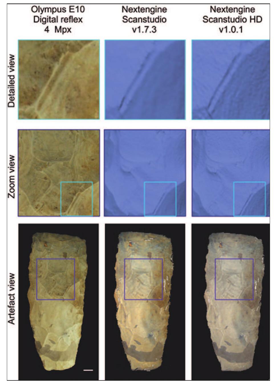 Fig. 7. Comparison of different scans of the same neolithic hache with the old and the new version of the NextEngine.  Scans done with the NextEngine can be in a good quality depending on the texture of the scanned object. The NextEngine is a good tool for 3D representation in museums, lectures or movies. It is also very useful for simple surface scanning as for the reconstitution of ornamentation techniques of pottery. 