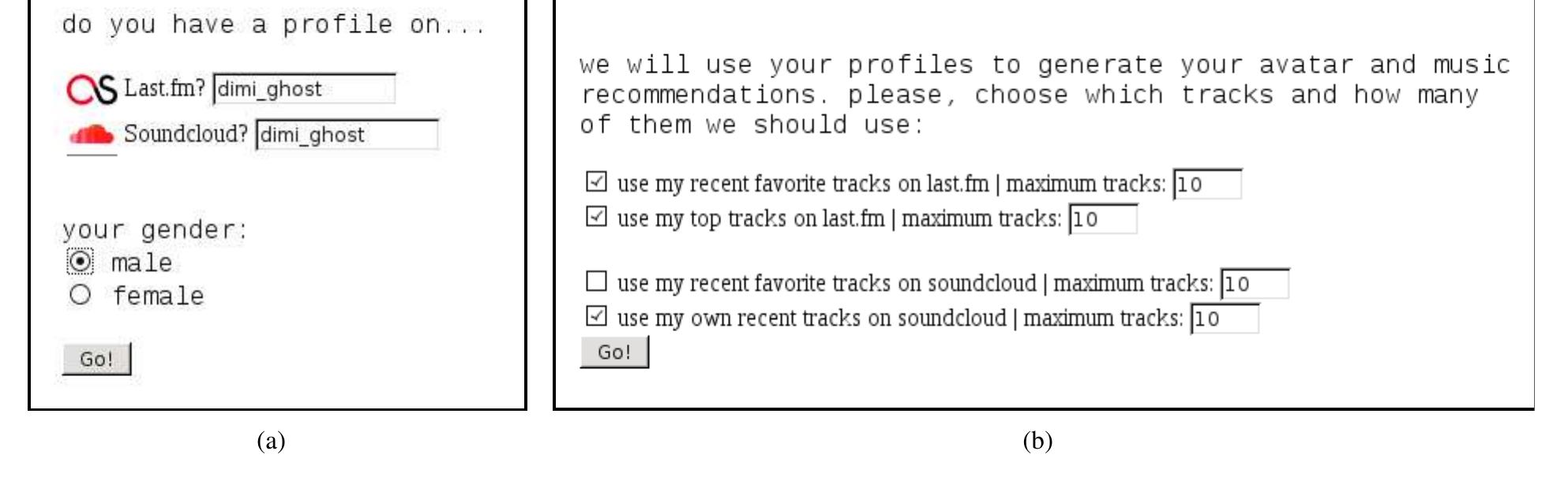 Figure 2. Screenshots of the user interface when specifying (a) the account names, and (b) the type of tracks to be retrieved. 