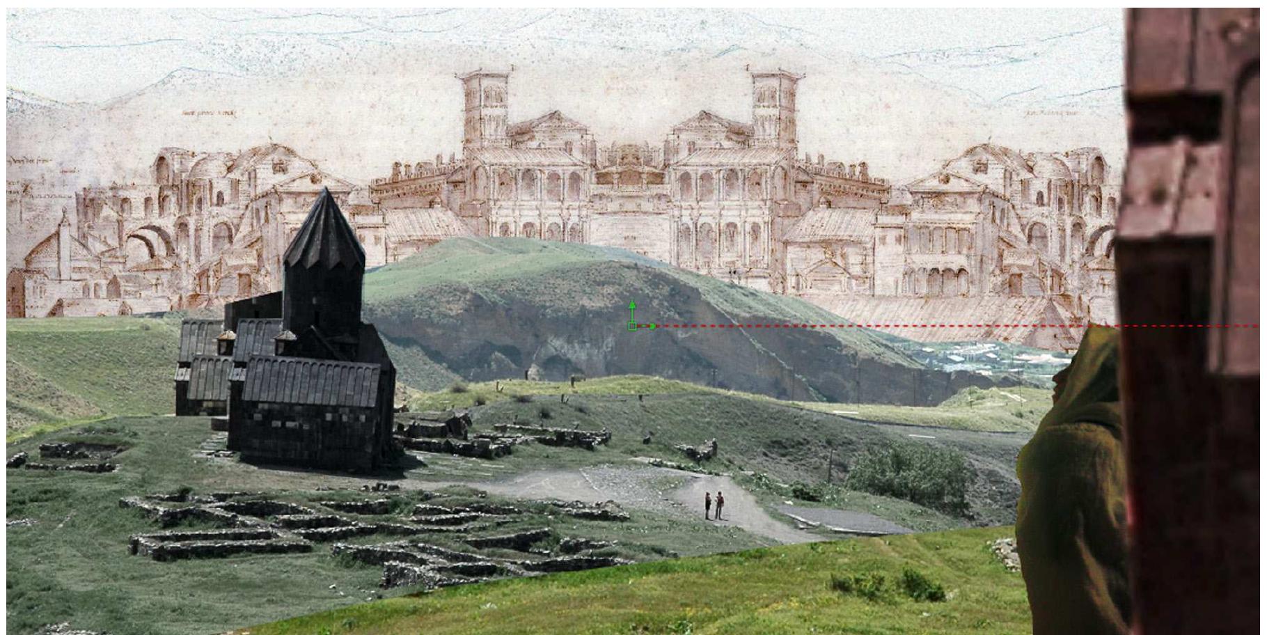 Figure 4. The interface in its continuous-narrative, single-window state. The image is a rough montage  combining fragments of retouched contemporary photographs, a photograph of a puppet, and a mirrored perspective of the medieval Rome by van Heemskerck for the background. The background drawing is by  Anonymous (16th c.), Hermann Egger, Roemische Veduten, Handzeichnungen aus dem XV. bis XVIII. Jahrhundert zur Topographie der Stadt Rom (Wien: Verlag Schroll&Co. 1932), fig. 20 