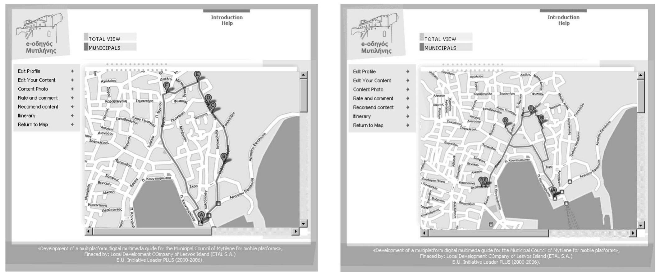 Fig. 3 Output of DailyTRIP for two daily itineraries on Google Maps (point ‘A’ denotes the user’s accommodation location, that is, the start! end point of the two itineraries) 