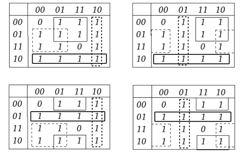 Figure 1. All possible K-map illustrations of the 4-bit range [1, 14] 