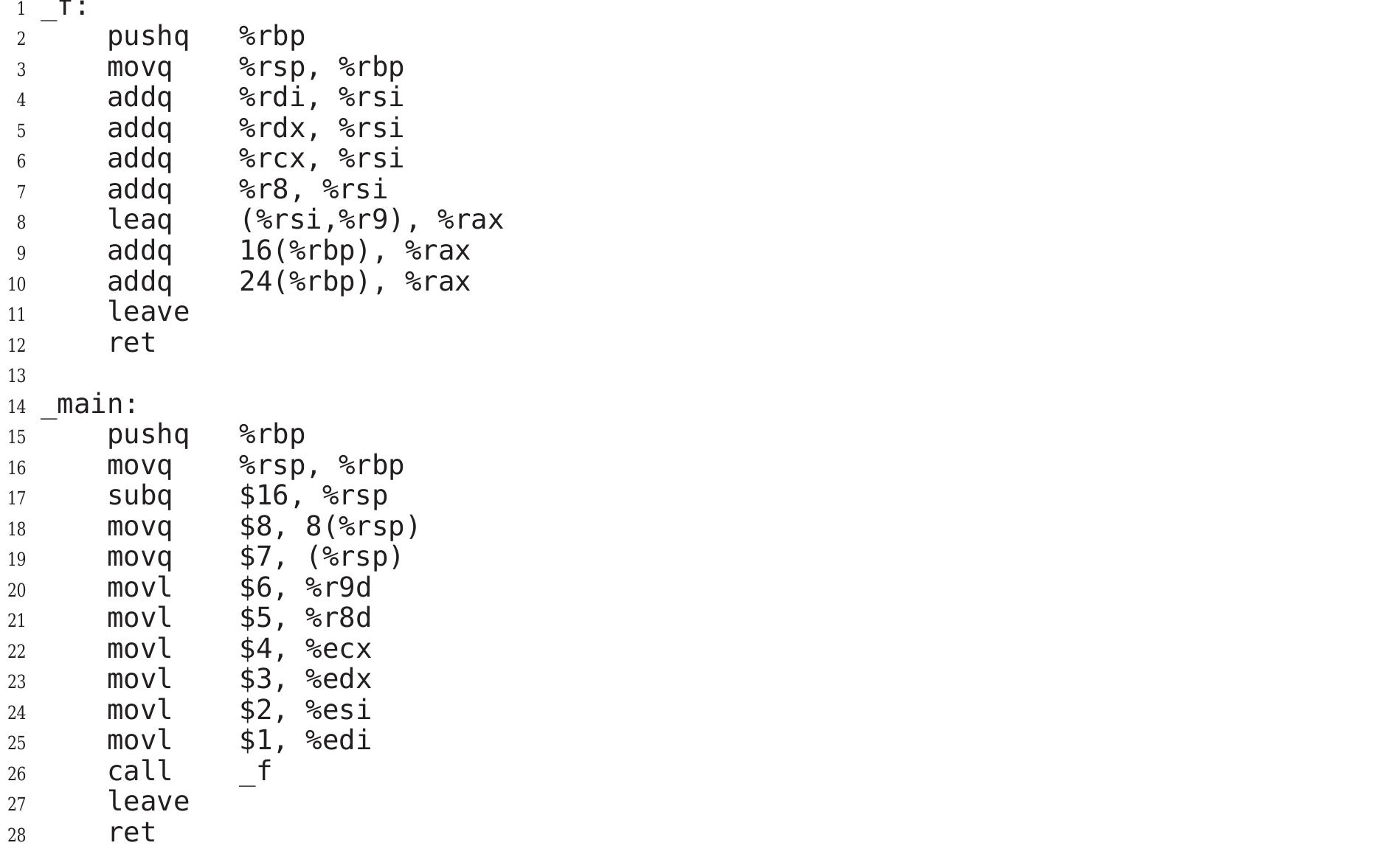 Listing 1.6: x86-64 code for functions f and main of Listing 1.5  Listing 1.6 summarizes the full x86-64 code generated by gcc -S -02! for functions f and main of Listing 1.5.  1_Q2 means optimization level 2 and will be discussed later in this chapter. 
