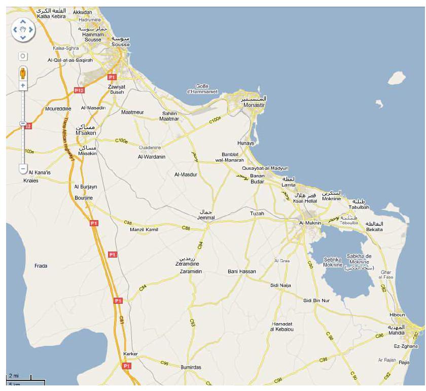 Fig. 3. Road map of Tunisia coastal area used in this study adopted from Google map. 